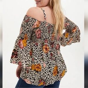 Torrid Cheetah Floral Smocked Cold-Shoulder Blouse